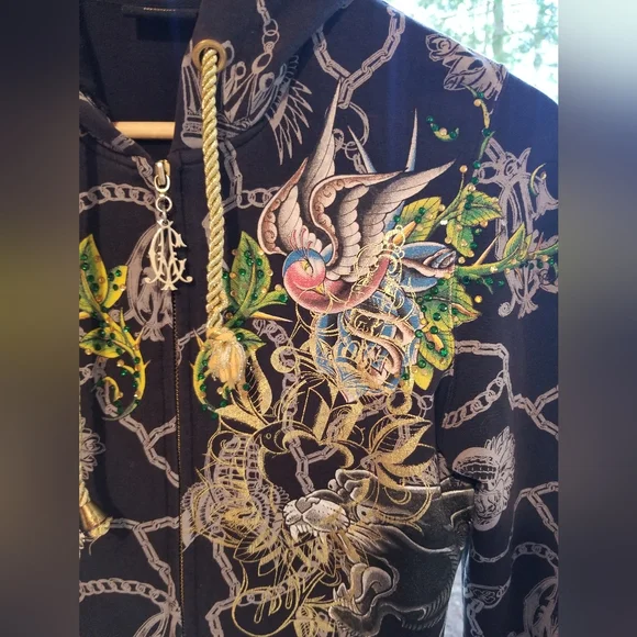 Small Christian Audigier Hoodie zip up Sweatshirt top Ladies Panther Black Gold - Picture 3 of 16